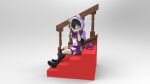  1girl 3d alice's_adventures_in_wonderland animal_ear_hood bare_arms black_boots black_hair blue_eyes boots bow cheshire_cat_(alice_in_wonderland) cheshire_cat_(alice_in_wonderland)_(cosplay) commentary cosplay english_commentary full_body grey_background hands_up highres hood hood_up keyshot_(medium) kizaki_aoi knee_boots long_hair looking_at_viewer on_stairs paw_pose pink_tail purple_bow saten_ruiko sitting solo tail tail_bow tail_ornament toaru_kagaku_no_railgun toaru_majutsu_no_index tongue tongue_out zbrush_(medium) 