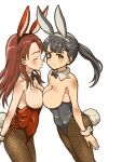  2girls alternate_costume animal_ears black_bow black_hair black_leotard blush bow breast_press breasts brown_eyes closed_eyes commentary_request eyepatch fake_animal_ears fake_tail feet_out_of_frame fishnet_pantyhose fishnets highres imminent_kiss large_breasts leotard long_hair looking_at_viewer minna-dietlinde_wilcke multiple_girls murayama_kei pantyhose playboy_bunny rabbit_ears rabbit_girl red_hair red_leotard sakamoto_mio simple_background smile strike_witches symmetrical_docking tail topless_female white_background world_witches_series wrist_cuffs yuri 