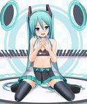  aqua_eyes aqua_hair arms_behind_back colorized eto goodsmile_company goodsmile_racing hatsune_miku headset kneeling long_hair looking_at_viewer midriff navel race_queen racing_miku racing_miku_(2009) skirt smile solo thighhighs twintails very_long_hair vocaloid zettai_ryouiki 