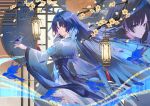 1girl architecture bird bird_on_hand black_dress black_hair blue_bird blue_eyes blue_hair breasts commentary_request dress east_asian_architecture highres long_hair long_sleeves looking_at_viewer looking_to_the_side medium_breasts multiple_views oiro_ik parted_lips revision tacet_mark_(wuthering_waves) turning_head wuthering_waves yangyang_(wuthering_waves) yangyang_(xuanling)_(wuthering_waves) 