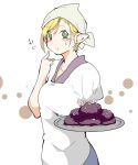  1girl :t alternate_costume apron blonde_hair blush closed_mouth commentary_request eating green_eyes headscarf holding holding_plate kappougi koma_kitsune_(kururito) looking_at_viewer mizuhashi_parsee ohagi_(food) plate pointy_ears short_hair simple_background solo touhou upper_body white_background white_headscarf 