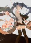  1girl aqua_eyes aqua_hair aqua_necktie aqua_skirt aqua_sleeves aqua_thighhighs bare_shoulders black_background black_skirt black_sleeves black_thighhighs bucket closed_mouth commentary detached_sleeves flower hatsune_miku highres holding holding_bucket kuto_(kuroto) long_hair looking_at_viewer multicolored_skirt multicolored_sleeves multicolored_thighhighs necktie red_flower shirt simple_background skirt sleeveless sleeveless_shirt solo thighhighs twintails two-tone_skirt two-tone_sleeves two-tone_thighhighs vocaloid white_background wide_sleeves 