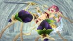  1girl armlet bikini breasts cave commentary_request dancer_(sekaiju) dancer_2_(sekaiju) earrings full_body gold_armlet gold_bracer grabbed_by_tentacles grabbing_tentacle hair_between_eyes heta_rena jewelry long_hair navel open_mouth pants purple_pants purple_shoes red_bikini sekaiju_no_meikyuu sekaiju_no_meikyuu_4 shoes small_breasts solo spread_legs swimsuit sword teeth tentacles twintails upper_teeth_only weapon 