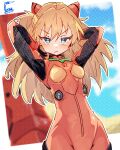  1girl arms_behind_head blue_eyes blush bodysuit breasts commentary evangelion_(mecha) facing_viewer frown hair_between_eyes highres interface_headset_(evangelion) long_hair looking_at_viewer mecha_pilot_suit neon_genesis_evangelion plugsuit_(evangelion) red_bodysuit red_hair rukuko695 signature small_breasts solo souryuu_asuka_langley 