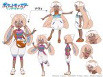  1girl :d bag character_name closed_eyes collarbone commentary_request dark-skinned_female dark_skin hairband hands_up leg_up looking_at_viewer multiple_views navi_(pokemon) official_art open_mouth pokemon pokemon_(anime) pokemon_horizons reference_sheet shirt shoes short_sleeves shorts shoulder_bag simple_background smile standing toes twintails white_background white_hairband white_shoes white_shorts wristband 
