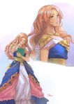  1girl aurora_(fire_emblem) blue_dress book commentary dress duplicate facial_mark felia_hanakata fire_emblem fire_emblem:_fortune's_weave highres jewelry necklace orange_eyes pink_hair pointy_ears tan white_dress 