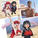  1boy 2girls :d \o/ alt_text arms_up art_shift black_hair black_serafuku black_shirt black_skirt body_hair boxing_gloves braid chest_hair commentary crossover david_hasselhoff day dress english_commentary english_text from_below hand_on_own_hip happy highres lara_(sayonara_lara) long_hair long_sleeves low-braided_long_hair low-tied_long_hair mini_person minigirl multiple_girls murmurlilies muscular muscular_male neckerchief ootsu_mari open_mouth outdoors outstretched_arms parody pectorals pleated_skirt red_hair red_neckerchief sayonara_lara scene_reference school_uniform serafuku shirt short_hair signature skirt smile speech_bubble spongebob_squarepants_(series) stitched_tongue the_spongebob_squarepants_movie topless_male white_dress 