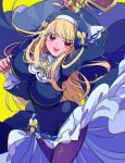  1girl blonde_hair blush bouncing_breasts breasts chromatic_aberration commentary_request covered_navel dress eriso_nani fillole_(re:zero) hammer highres holding holding_hammer holding_staff holding_weapon jewelry large_breasts long_hair long_sleeves looking_at_viewer necklace nun open_mouth pantyhose purple_pantyhose re:zero_kara_hajimeru_isekai_seikatsu red_eyes smile solo staff unaligned_breasts veil weapon yellow_background 