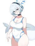  1girl black_choker blue_archive blue_halo breasts cetacean_tail choker cleavage closed_mouth commentary covered_navel cowboy_shot fins fish_tail grey-framed_eyewear grey_hair halo headphones highres kotone_(blue_archive) large_breasts meowjie_1 multicolored_one-piece_swimsuit one-piece_swimsuit round_eyewear short_hair simple_background solo swimsuit tail thighs white_background white_one-piece_swimsuit 