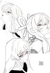  1girl blowing_bubble_gum blush chewing_gum cho_kaguya-hime! commentary crying crying_with_eyes_open greyscale hair_ornament hair_rings hair_stick highres hixii1238 logo monochrome multiple_views open_mouth runami_yachiyo runami_yachiyo_(kassen) runami_yachiyo_(tsukuyomi) sidelocks simple_background speech_bubble tears white_background 