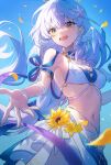  1girl absurdres bikini blue_hair breasts choker cleavage commentary_request face_jewel facial_mark falling_petals flower green_eyes hair_ornament head_wings heart heart_facial_mark highres honkai:_star_rail honkai_(series) jewel_under_eye jewelry long_hair low_ponytail mark_under_eye medium_breasts navel necklace official_alternate_costume petals ponytail purple_choker retsu_(retsu_3) robin_(honkai:_star_rail) robin_(summeretto)_(honkai:_star_rail) sarong smile starfish_hair_ornament sunflower swimsuit very_long_hair white_bikini white_sarong white_wings wings yellow_nails 