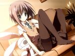  1girl 2000s_(style) :< black_pantyhose clenched_hand couch dutch_angle full_body furrowed_brow game_asset green_eyes green_necktie indoors kagome_(traumatize) looking_at_viewer mamiya_hasaki necktie no_shoes non-web_source official_art on_couch pantyhose school_uniform self-datamine shirt short_sleeves sitting solo stuffed_animal stuffed_toy subarashiki_hibi sweater_vest variant_set visual_novel_cg white_shirt yellow_sweater_vest 