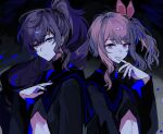  1girl 1other akiyama_mizuki asahina_mafuyu black_nails black_shirt blue_eyes blue_streaks blue_trim commentary_request cropped_shirt dark dark_background finger_to_cheek floating_hair hair_between_eyes hair_ribbon hand_on_own_chest hand_to_own_mouth hand_up high_collar highres index_finger_raised light_frown light_smile long_sidelocks long_sleeves looking_at_viewer midriff multicolored_hair parted_bangs pink_eyes pink_hair ponytail project_sekai purple_hair red_ribbon ribbon serien shirt sidelocks streaked_hair swept_bangs 