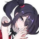  1girl ame-chan_(needy_girl_overdose) black_hair black_nails commentary_request grey_eyes hair_ornament hair_over_one_eye highres looking_at_viewer medium_hair nail_polish needy_girl_overdose nezumin red_nails smile solo steepled_fingers twintails upper_body x_hair_ornament 