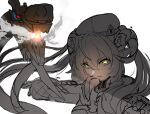  1girl 1other commentary_request curled_horns dragon_girl dragon_horns green_eyes hair_between_eyes hat highres horns long_hair looking_at_viewer magus_(zenless_zone_zero) mechanical_horns mechanical_tail open_mouth orange_pupils orphie_magnusson pointy_ears portrait simple_background spot_color tail twintails white_background yuukagu zenless_zone_zero 