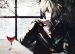  absurdres alcohol banpai_akira blonde_hair faux_traditional_media fortune_arterial glass hands highres looking_at_viewer male_focus red_eyes sendou_iori solo window wine 