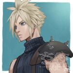  1boy 5tatsu armor blonde_hair blue_background blue_eyes blue_sweater border closed_mouth cloud_strife commentary_request earrings final_fantasy final_fantasy_vii final_fantasy_vii_remake gradient_hair highres jewelry male_focus multicolored_hair outside_border ribbed_sweater short_hair shoulder_armor single_bare_shoulder sleeveless sleeveless_turtleneck solo spiked_hair stud_earrings suspenders sweater turtleneck turtleneck_sweater upper_body watermark white_border 