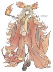  animal_ears blonde_hair body_fur commentary_request delphox fire fox fox_ears fox_girl highres holding holding_stick japanese_clothes kimono long_hair multicolored_fur multicolored_hair multicolored_kimono natsun_(4869ntmmmmm) obi personification pokemon red_fur red_kimono reference_inset sash snout stick white_fur wide_sleeves yellow_fur yellow_kimono 
