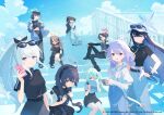  6+girls arius_squad_(blue_archive) atsuko_(blue_archive) baseball_cap belt black_hair black_shirt blue_archive blue_eyes blue_hair braid brown_hair camera casual colored_inner_hair commentary_request denim detached_sleeves eyewear_on_head green_hair hair_over_one_eye hair_over_shoulder halo hat hiyori_(blue_archive) holding holding_camera holding_magazine holding_phone jeans long_hair long_sleeves looking_at_viewer low_twin_braids machico_maki magazine_(object) miniskirt misaki_(blue_archive) miyako_(blue_archive) miyu_(blue_archive) moe_(blue_archive) multicolored_hair multiple_girls official_art pants phone ponytail promotional_art purple_eyes purple_hair rabbit_platoon_(blue_archive) red_eyes saki_(blue_archive) saori_(blue_archive) shirt short_hair short_sleeves side_ponytail sitting skirt stairs standing subaru_(blue_archive) sunglasses suspender_pants t-shirt torn_clothes torn_pants twin_braids twintails watch wristwatch 
