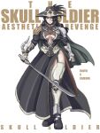  1girl armor armored_boots black_choker black_dress black_hair boots breasts cape character_name choker cleavage_cutout clenched_hand closed_mouth clothing_cutout commentary copyright_name dokuro_senshi_sukarusorujaa_fukushuu_no_bigaku dress full_body garter_straps gauntlets genderswap genderswap_(mtf) green_cape grey_eyes hat hat_feather highres holding holding_sword holding_weapon invisible_floor jewelry jinri_shijie linea_alba long_hair long_sleeves looking_at_viewer medium_breasts mole mole_under_eye necklace pauldrons shoulder_armor simple_background skull_soldier solo standing sword thigh_boots thighs tokusatsu weapon white_background wrist_blades 