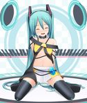  aqua_hair arms_behind_back closed_eyes collar colorized cosplay eto hatsune_miku headset kneeling lily_(vocaloid) lily_(vocaloid)_(cosplay) long_hair navel skirt smile solo thighhighs twintails very_long_hair vocaloid zettai_ryouiki 