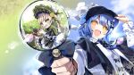  2girls akane_(getwild23) bird_hat_ornament black_capelet black_flower black_hat black_rose blonde_hair blue_hair blue_necktie bonnet braid braided_hair_rings capelet commentary_request deerstalker detective dress eating flower frilled_sleeves frills green_bonnet green_eyes hair_rings hat highres holding holding_magnifying_glass holding_plate holding_umbrella lolita_fashion long_hair long_sleeves looking_through_magnifying_glass magnifying_glass mahou_shoujo_no_majo_saiban multiple_girls necktie open_mouth plate pleated_capelet rose short_hair smile surprised tachibana_sherry tono_hanna twintails umbrella white_flower white_rose yellow_eyes yellow_flower yellow_rose 