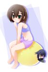 2boys :/ armpit_crease arms_between_legs baka_to_test_to_shoukanjuu bare_arms barefoot black_hair black_mask blue_background blue_tank_top blush border brown_hair camera closed_mouth commentary_request constricted_pupils drop_shadow from_side full_body green_eyes groin hair_ornament hairclip halftone_shadow in_ball kinoshita_hideyoshi looking_at_viewer male_focus mask medium_hair midriff mouth_mask multiple_boys multiple_hairclips navel on_ball open_fly outside_border panties panty_peek purple_shorts short_shorts shorts sidelocks sideways_glance sitting sitting_on_ball sparkle takezin tank_top trap tsuchiya_kouta turning_head underwear v_arms white_border 