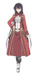  1girl ahoge anime_coloring armor armored_boots belt black_hair boots braid breasts cleavage cleavage_cutout closed_mouth clothing_cutout coat eleonore_bianca full_body gold_trim grey_boots grey_pantyhose hair_between_eyes hand_on_own_hip large_breasts long_hair looking_at_viewer maou_gakuin_no_futekigousha official_art pantyhose purple_eyes red_coat school_uniform second-party_source sidelocks simple_background smile solo standing tachi-e transparent_background very_long_hair white_armor yamayoshi_kazuyuki 