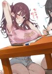  2girls :o animal_print armpit_peek armpits black_hair blue_shorts blush breast_rest breasts breasts_on_table brown_hair cevio clothes_writing commentary_request green_eyes hanakuma_chifuyu highres large_breasts long_hair mole mole_under_eye multiple_girls natsuki_karin one_eye_closed pink_shirt purple_eyes shirt shorts sweat t-shirt translation_request twintails yappen 