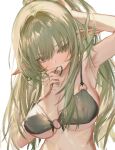  1girl absurdres arm_up armpits bare_shoulders bikini blush breasts cleavage collarbone commentary covered_nipples earrings green_bikini green_eyes green_hair hand_on_own_head highres jewelry korean_commentary large_breasts long_hair mirae283 nipples o-ring o-ring_bikini o-ring_top original pointy_ears see-through_bikini see-through_clothes simple_background solo swimsuit upper_body white_background 