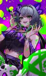  1girl absurdres apricot_the_lich apricot_the_lich_(froot_2.0) bat_hair_ornament braid choker demon_girl demon_horns demon_wings frilled_choker frills green_eyes green_hair grey_hair hair_intakes hair_ornament hairband highres horn_piercing horns looking_at_viewer multicolored_hair multiple_horns open_mouth paint_splatter paint_splatter_on_face paintbrush pointy_ears purple_horns short_hair solo spiked_hairband spikes streaked_hair tobosigen twin_braids virtual_youtuber vshojo wings 