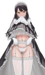  1girl absurdres after_vaginal black_dress black_hair cameltoe clothes_lift cum cum_in_clothes cum_in_panties cum_in_pussy cumdrip_through_panties dress dress_lift garter_straps gloves green_eyes groin highres jfjf lace-trimmed_panties lace_trim lifting_own_clothes long_hair long_sleeves looking_at_viewer maid maid_headdress mouth_hold navel original panties solo standing stomach thighhighs transparent_background underwear voice_drama_available white_gloves white_panties white_thighhighs 