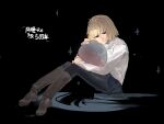  1girl absurdres ahoge antenna_hair arcueid_brunestud black_pantyhose blonde_hair blue_skirt boots full_moon highres holding holding_moon kizzif0012 long_sleeves miniskirt moon pantyhose pleated_skirt red_eyes short_hair skirt smile solo sweater translation_request tsukihime tsukihime_(remake) turtleneck turtleneck_sweater white_sweater 