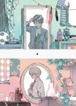  2boys action_figure arima_yuu_(boy_meets_maria) ball boy_meets_maria brushing_hair disco_ball doily doll floral_print flower green_background hanging_from_clothesline hirosawa_taiga looking_at_mirror makeup makeup_brush mirror mokorobi multiple_boys official_art pink_background power_cord rose school_uniform soccer_ball socks stuffed_animal stuffed_toy table teddy_bear third-party_source toy toy_car tying_necktie vanity_table vase white_flower white_rose 