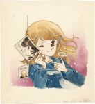  1970s_(style) 1girl 2girls artist_name black_eyes black_hair blonde_hair blue_sailor_collar blue_shirt brown_eyes brown_hair dated gakuran hair_ornament hairclip heart highres holding holding_photo l_hand looking_at_viewer medium_hair multiple_girls neckerchief original painting_(medium) photo_(object) pointing retro_artstyle sailor_collar school_uniform shirt short_hair signature sound_effects speech_bubble spoken_star star_(symbol) string sugi_emiko third-party_source traditional_media white_neckerchief 