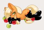  1girl absurdres animal_ears animal_nose apple applejack ass black_gloves black_thighhighs blonde_hair blush body_fur boots cherry closed_mouth commentary elbow_gloves english_commentary flat_chest food freckles from_side fruit full_body furry furry_female gloves green_eyes grey_background hair_bobbles hair_ornament hair_tie half-closed_eyes happy highres holding holding_food horse horse_ears horse_tail latex latex_gloves latex_legwear long_hair looking_at_viewer looking_to_the_side low-tied_long_hair lying my_little_pony nude on_side on_stomach open_mouth orange_fur shiny_clothes sidelocks simple_background solo sweat swept_bangs tail tattoo thick_eyebrows thigh_boots thighhighs torrrch88 very_long_hair 