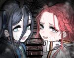  1boy 2girls aris_(blue_archive) bar_censor black_hair blue_archive blue_eyes blush braid censored commentary_request dark-skinned_male dark_skin ffm_threesome furrowed_brow grey_eyes group_sex hair_between_eyes hand_on_another's_head hetero highres jacket long_hair looking_at_viewer maabo_harusame male_pubic_hair multiple_girls necktie nervous_smile open_mouth penis penis_on_face pubic_hair red_hair smile stray_pubic_hair sweat teamwork_(sexual) threesome yuzu_(blue_archive) 