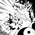  2girls chenwei_jun chinese_commentary commentary_request demon_wings flying greyscale hair_tubes hakurei_reimu hat highres holding holding_polearm holding_weapon mob_cap monochrome multiple_girls open_mouth orb polearm profile remilia_scarlet short_hair short_sleeves sketch skirt smile sweatdrop touhou weapon wings yin_yang yin_yang_orb 