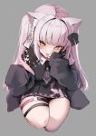 1girl absurdres animal_ear_fluff animal_ear_piercing animal_ears black_jacket black_necktie black_shirt black_skirt blunt_bangs blush bow cat_ears character_request commentary_request commission copyright_request ear_bow earrings fangs grey_background highres hikimayu jacket jewelry jirai_kei lace lace_sleeves long_hair long_sleeves looking_at_viewer minato_yu miniskirt mixed-language_commentary multiple_thigh_straps necktie o-ring o-ring_thigh_strap ofuda_earrings open_clothes open_jacket parted_hair piercing pink_hair pleated_skirt shirt short_eyebrows short_necktie sidelocks simple_background skeb_commission skirt sleeves_past_fingers sleeves_past_wrists solo squatting thick_eyebrows thick_thighs thigh_strap thighs tongue_piercing tsurime yellow_eyes 
