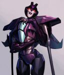 1girl black_lips decepticon fingernails highres humanoid_robot mechanical_wings necroizu red_eyes robot sharp_fingernails slipstream_(transformers) smirk transformers transformers:_animated weapon wings 