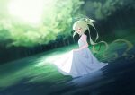  1girl absurdres alternate_costume bare_arms bare_shoulders blue_archive closed_eyes commentary_request dress forest green_hair green_halo hair_between_eyes halo highres holding_own_dress lake long_hair nature nozomi_(blue_archive) open_mouth outdoors partially_submerged pointy_ears sleeveless sleeveless_dress smile solo spade_(3898_spade) twintails very_long_hair white_dress 