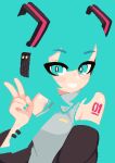  1girl aqua_eyes aqua_hair aqua_nails aqua_necktie aqua_trim bare_shoulders black_sleeves blending collared_shirt commentary detached_sleeves fingernails grey_shirt grin hair_between_eyes hair_ornament hand_up hatsune_miku headset looking_at_viewer minimilieu nail_polish necktie number_tattoo shirt shoulder_tattoo sleeveless sleeveless_shirt smile solo tattoo tie_clip upper_body v vocaloid wide_sleeves wing_collar 