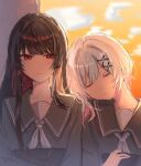  2girls black_hair black_sailor_collar black_serafuku black_shirt closed_eyes closed_mouth commentary_request gradient_hair hair_ornament highres long_hair long_sleeves mahou_shoujo_no_majo_saiban mirin_(mir1n0) multicolored_hair multiple_girls neckerchief nikaido_hiro pink_hair red_eyes sailor_collar sakuraba_ema school_uniform serafuku shirt short_hair sleeping sleeping_on_person train_interior white_hair white_neckerchief x_hair_ornament yuri 