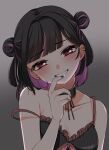  1girl black_bra black_collar black_hair black_nails blush bra breasts cinderella_series cleavage clenched_teeth collar commentary_request double_bun ear_piercing finger_to_mouth hachigatsu_no_cinderella_nine hair_bun highres looking_at_viewer medium_breasts medium_hair multicolored_hair nail_polish nara_kurumi piercing purple_hair red_eyes renta_kita smile solo strap_slip teeth underwear 