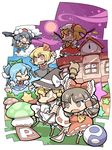  black_eyes black_hair blonde_hair blue_hair broom brown_eyes brown_hair camera chibi cirno clock closed_eyes flandre_scarlet geta grin hakurei_reimu hands_on_hips hounori kirisame_marisa moon multiple_girls mushroom outstretched_arms power-up red_eyes rumia shameimaru_aya sharp_teeth smile spread_arms star teeth tengu-geta touhou yellow_eyes yin_yang 