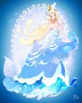  1girl artist_logo artist_name bare_shoulders bilingual_commentary blonde_hair blue_background blue_dress blue_eyes breasts cleavage closed_mouth crown curtsey dot_nose dress english_commentary fantasy fish hand_up head_ornament highres jewelry logo long_dress long_hair looking_at_viewer low_neckline medium_breasts merfolk mermaid mixed-language_commentary monster_girl necklace ocean original smile solo strapless strapless_dress umina_neko very_long_hair water_dress 