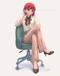  1girl absurdres arima_kana black_scarf black_shoes chair commentary crossed_legs facing_viewer grey_background hand_on_own_face hand_on_own_knee high_heels highres long_sleeves looking_at_viewer mixed-language_commentary office_chair on_chair oshi_no_ko pants pink_pants ra_torens red_eyes red_hair scarf shadow shirt shoes short_hair simple_background sitting smile solo swivel_chair twitter_username white_shirt 