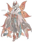  arthropod_girl artist_name bug commentary_request fingerless_gloves fire fluffy fur_collar gloves high_heels highres japanese_clothes kimono moth moth_girl multiple_wings natsun_(4869ntmmmmm) no_humans obi orange_wings personification pokemon red_kimono sash simple_background volcarona white_background white_fur white_hair wide_sleeves wings 