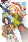  bag bell-bottoms black_hair blonde_hair blush brown_jacket calem_(pokemon) cat chikorita commentary_request cosplay floette floette_(eternal) flower green_jacket harmony_(pokemon) harmony_(pokemon)_(cosplay) hat highres jacket meowstic meowstic_(male) on_head on_shoulder one_eye_closed open_clothes open_jacket open_mouth pants poke_ball_print pokemon pokemon_(creature) pokemon_legends:_z-a pokemon_on_head pokemon_on_shoulder rotom rotom_phone selfie serena_(pokemon) sparkle striped_hat trilby uni483569 urbain_(pokemon) urbain_(pokemon)_(cosplay) white_hat 