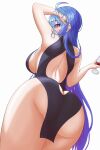  1girl absurdres alternate_costume arm_behind_head ass azur_lane back_cutout bare_shoulders black_dress blue_hair blush breasts butt_crack clothing_cutout commentary cup dress drinking_glass english_commentary from_behind from_below gradient_hair hand_up helena_(azur_lane) highres hip_focus holding holding_cup long_hair looking_at_viewer looking_back medium_breasts multicolored_hair no_bra purple_eyes purple_hair short_dress sideboob sideless_dress simple_background sleeveless sleeveless_dress solo textless_version thighs very_long_hair white_background wororg 